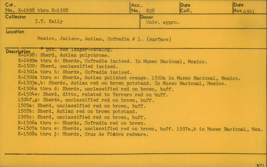 Documentation associated with Hearst Museum object titled Bracelet fragment, accession number K-1507, described as a-e) Sherd: unclassified red on brown, buff. Found a-d during inventory. 1/21/16 JO