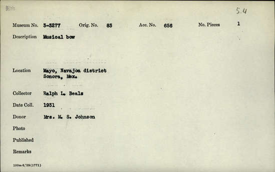 Documentation associated with Hearst Museum object titled Musical bow, accession number 3-3277, described as Musical bow.