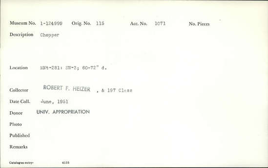 Documentation associated with Hearst Museum object titled Chopper, accession number 1-124999, described as Chopper
