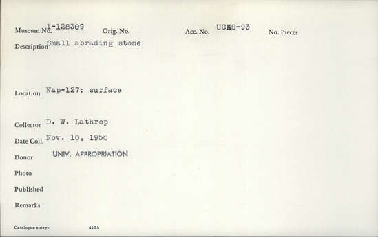 Documentation associated with Hearst Museum object titled Abrader, accession number 1-128309, described as Small abrading stone.