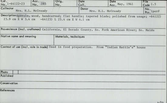 Documentation associated with Hearst Museum object titled Paddle, accession number 1-64123, described as Wooden.