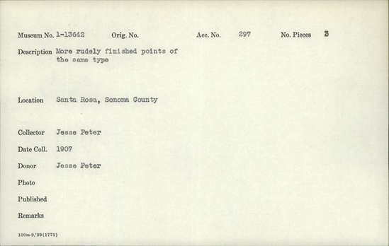 Documentation associated with Hearst Museum object titled Points, accession number 1-13642, described as More rudely finished points of the same type as 1-13641