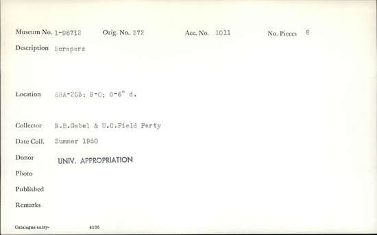 Documentation associated with Hearst Museum object titled Scrapers, accession number 1-96712, described as Scrapers.
