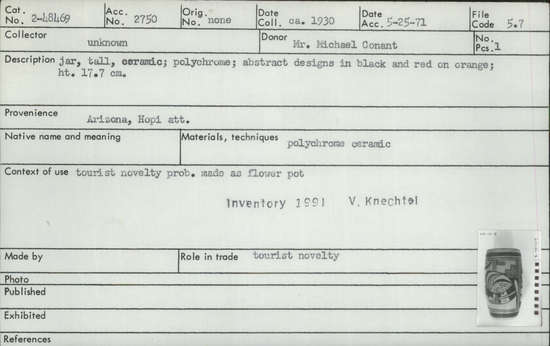 Documentation associated with Hearst Museum object titled Jar, accession number 2-48469, described as Tall, ceramic, polychrome, abstract designs in black and red on orange.