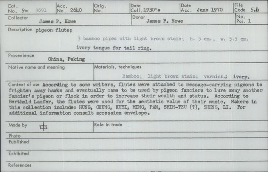 Documentation associated with Hearst Museum object titled Pigeon flute, accession number 9-9691, described as pigeon flute; 3 bamboo pipes w/light brown stain; ht. 5 cm, w. 5.5 cm, ivory tongue for tail ring.