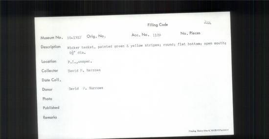 Documentation associated with Hearst Museum object titled Basket, accession number 10-1312, described as Wicker basket, painted green & yellow stripes; round; flat bottom; open mouth; 9 1/2” dia.