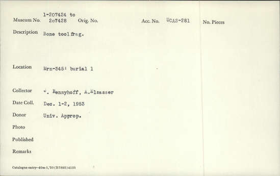 Documentation associated with Hearst Museum object titled Worked bone, accession number 1-207427, described as Bone.