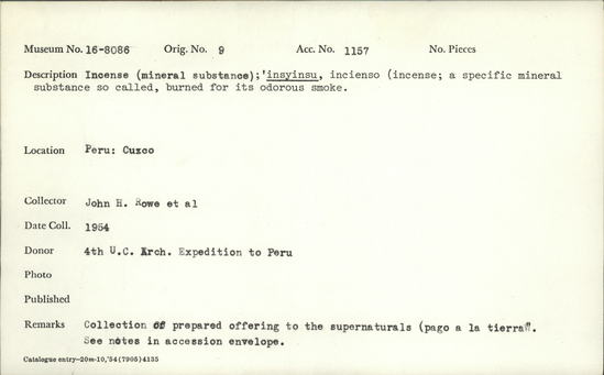 Documentation associated with Hearst Museum object titled Organic material, accession number 16-8086, described as Sucnuse (Mineral substance)