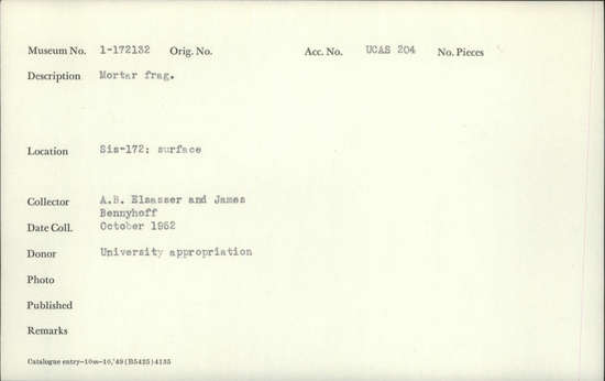 Documentation associated with Hearst Museum object titled Mortar fragment, accession number 1-172132, described as mortar fragment