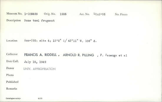 Documentation associated with Hearst Museum object titled Worked bone, accession number 1-109469, described as Bone