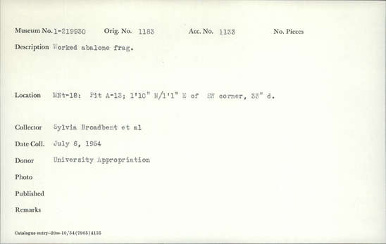 Documentation associated with Hearst Museum object titled Shell fragment, accession number 1-219930, described as Worked.