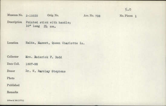 Documentation associated with Hearst Museum object titled Stick, accession number 2-15535, described as Pointed stick with handle.