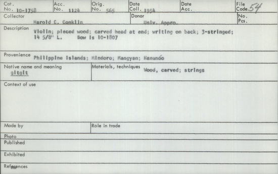 Documentation associated with Hearst Museum object titled Musical instrument, accession number 10-1758, described as Three stringed violin; pieced; wood; carved head at end; writing on back; 14⅝ inches long