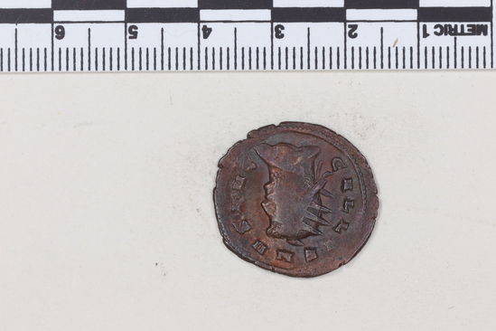 Hearst Museum object 4 of 8 titled Coin: æ, accession number 8-6163, described as Coin: Æ (AR?); Gallienus - 2.67 grams. Obverse: GALLIENVS AVG - Bust facing right, radiate, cuirassed. Reverse: IND V LG AVG - Spes walking facing left holding flowers and raising robe.