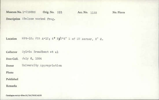 Documentation associated with Hearst Museum object titled Shell fragment, accession number 1-219880, described as Worked.