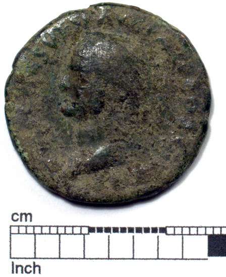 Hearst Museum object 1 of 8 titled Coin: æ, accession number 8-6049, described as Coin: Æ; Vespasian - 10.15 grams. Obverse: IMP CAES VESP AVG - Head facing left. Reverse: ... VST... AVGVST...SC in field, figure facing left.