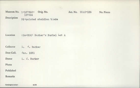 Documentation associated with Hearst Museum object titled Blade, accession number 1-137853, described as Bi-pointed blade, obsidian.