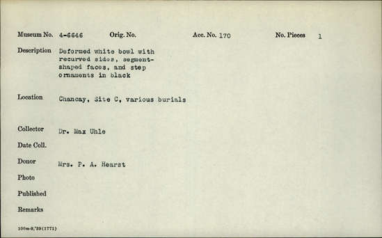 Documentation associated with Hearst Museum object titled Bowl, accession number 4-6646, no description available.