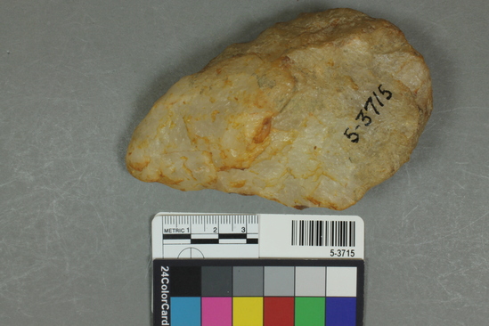 Hearst Museum object titled Handaxe, accession number 5-3715, described as Quartz hand-axre; 10.7 x 7.0 cm