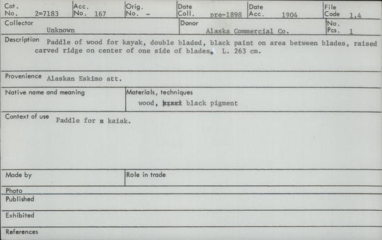 Documentation associated with Hearst Museum object titled Paddle, accession number 2-7183, described as Paddle of wood, for kayak, double bladed, black paint on area between blades, raised carved ridge on center of one side of blades.