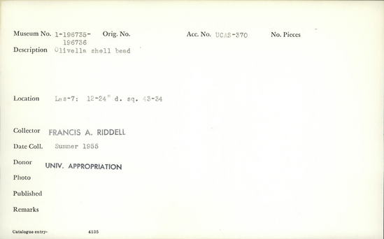 Documentation associated with Hearst Museum object titled Bead, accession number 1-196735, described as Olivella shell.