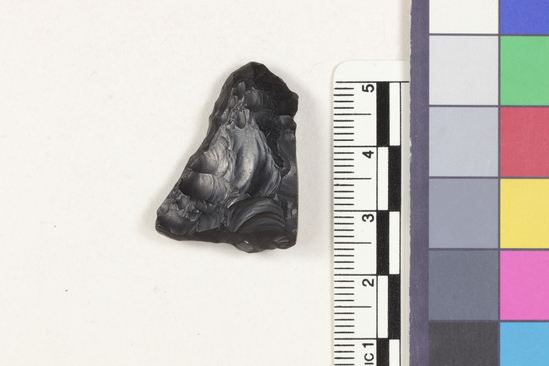 Hearst Museum object 1 of 2 titled Flake, accession number 16-14398, described as Projectile point fragment; obsidian; triangular; weight: 5.23 grams; length: 2.15 cm; width: 3.1 cm; depth: 0.76 cm.