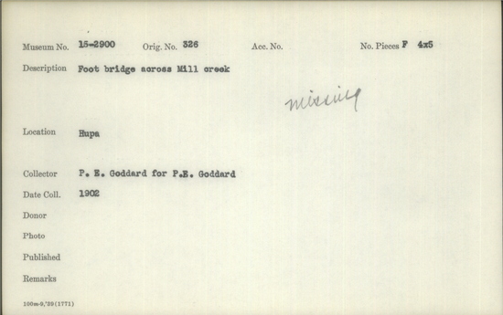 Documentation associated with Hearst Museum object titled Black-and-white negative, accession number 15-2900, described as Foot bridge across Mill Creek