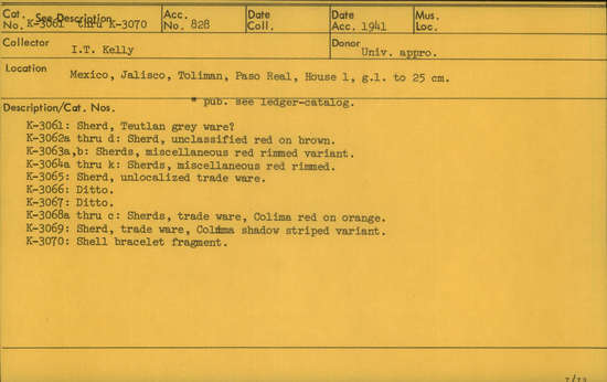 Documentation associated with Hearst Museum object titled Bracelet fragment, accession number K-3070, described as Shell bracelet fragment.