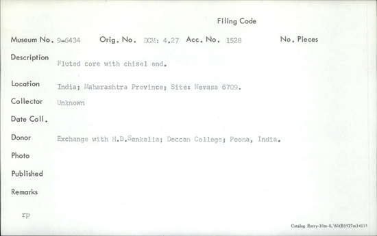 Documentation associated with Hearst Museum object titled Core, accession number 9-6434, described as Fluted core with chisel end.