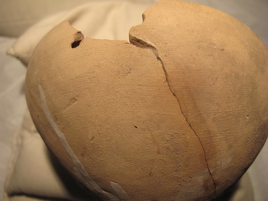 Hearst Museum object 30 of 48 titled Broken bowl, accession number 6-5108, described as Pottery: buff bowl, broken 5 small holes, slow ancient repairing; diameter 14 cm, height 8 cm.