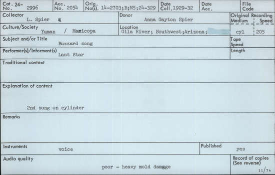 Documentation associated with Hearst Museum object titled Audio recording, accession number 24-2996, described as Buzzard Song