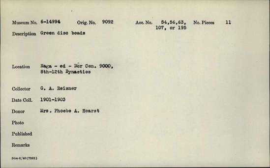 Documentation associated with Hearst Museum object titled Beads, accession number 6-14994, described as Green disc beads.