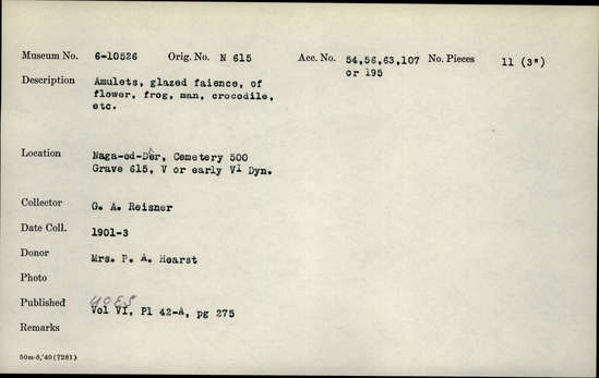 Documentation associated with Hearst Museum object titled Amulets, accession number 6-10526, described as amulets, glazed faience, of flower, frog, man, crocodile, etc.