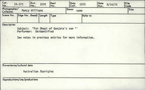 Documentation associated with Hearst Museum object titled Audio recording, accession number 24-373, described as “For Dhapi of Gunjata’s son” by unidentified performer.