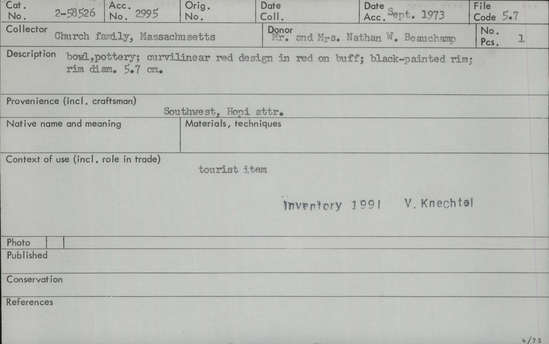 Documentation associated with Hearst Museum object titled Bowl, accession number 2-58526, described as Pottery. Curvilinear red design in red on buff, black-painted rim.