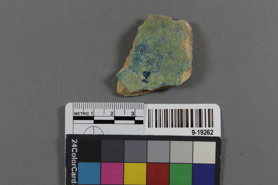 Hearst Museum object titled Potsherd, accession number 9-19262, described as sherd, possibly rim or bottom due to curvature; turquoise colored