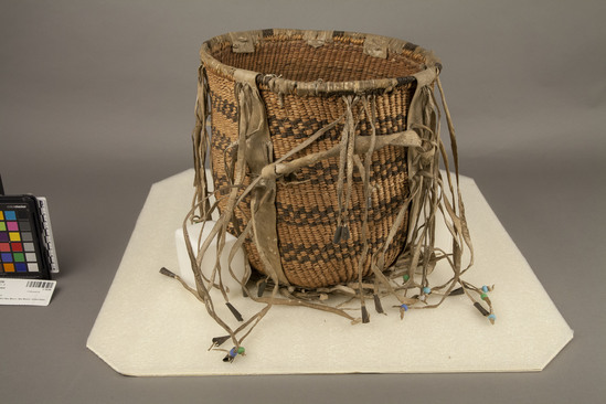 Hearst Museum object 2 of 2 titled Burden basket, accession number 2-18298, described as Twined, fringe and bells