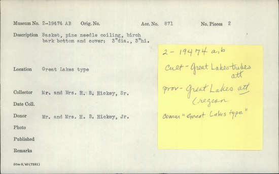 Documentation associated with Hearst Museum object titled Basket with lid, accession number 2-19474a,b, described as Pine needle coiling, birchbark bottom and cover.