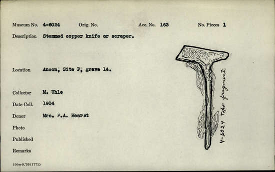 Documentation associated with Hearst Museum object titled Knife, accession number 4-6024, no description available.