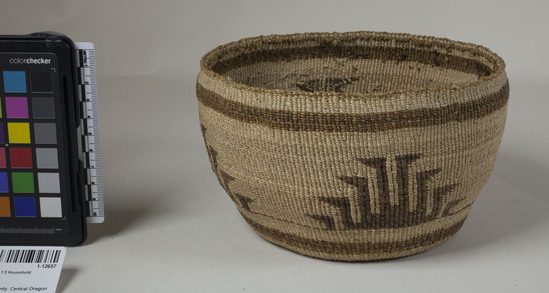 Hearst Museum object 2 of 2 titled Cooking basket, accession number 1-12657, described as Cooking basket; twined. Warp is twisted Tule (Schoenoplectus acutus), weft is Cattail (Typha latifolia), Brown and red patterns are Tule root. Yellow dye is split Tule.