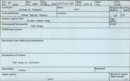 Documentation associated with Hearst Museum object titled Audio recording, accession number 24-2906, described as Circle Dance Song