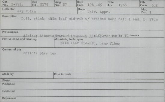 Documentation associated with Hearst Museum object titled Doll, accession number 5-7954, described as Doll, stick; palm leaf mid-rib with braided hemp hair L end; length 57 cm.