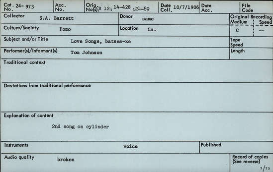 Documentation associated with Hearst Museum object titled Audio recording, accession number 24-973, described as Love Song (batses xe)