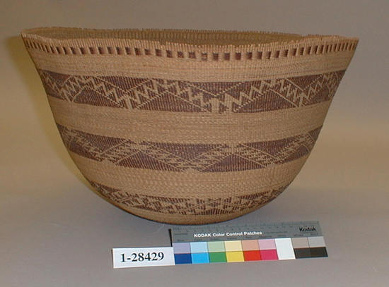 Hearst Museum object titled Basket, accession number 1-28429, described as Twined, flaring.  5 brown bands in various designs.