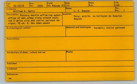 Documentation associated with Hearst Museum object titled Bottle, accession number 16-12114, described as Pottery bottle with flaring spout; effigy of a man with bag slung around neck; red and white slip and resist painted designs. Has been waxed