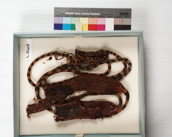 Hearst Museum object titled Girdle: fragments, accession number 4-5005, described as Woven woolen girdle, in fragments