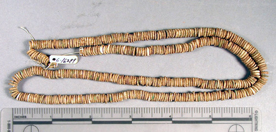 Hearst Museum object titled Beads, accession number 6-16299, described as Beads: string of green shell discs, l. 65 cm.