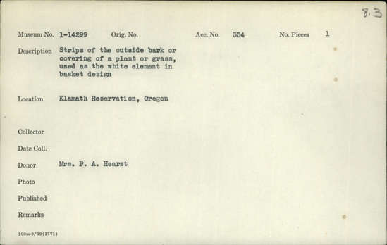 Documentation associated with Hearst Museum object titled Bark strips, accession number 1-14299, described as Strips of the outside bark or covering of a plant or grass.