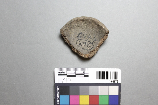 Hearst Museum object titled Potsherd, accession number 1-66675, described as Pinon Brown (residual clay), scoop rim.