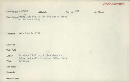 Documentation associated with Hearst Museum object titled Shells and beads, accession number 1-67288, described as Dentalium shells and two glass beads on native string.